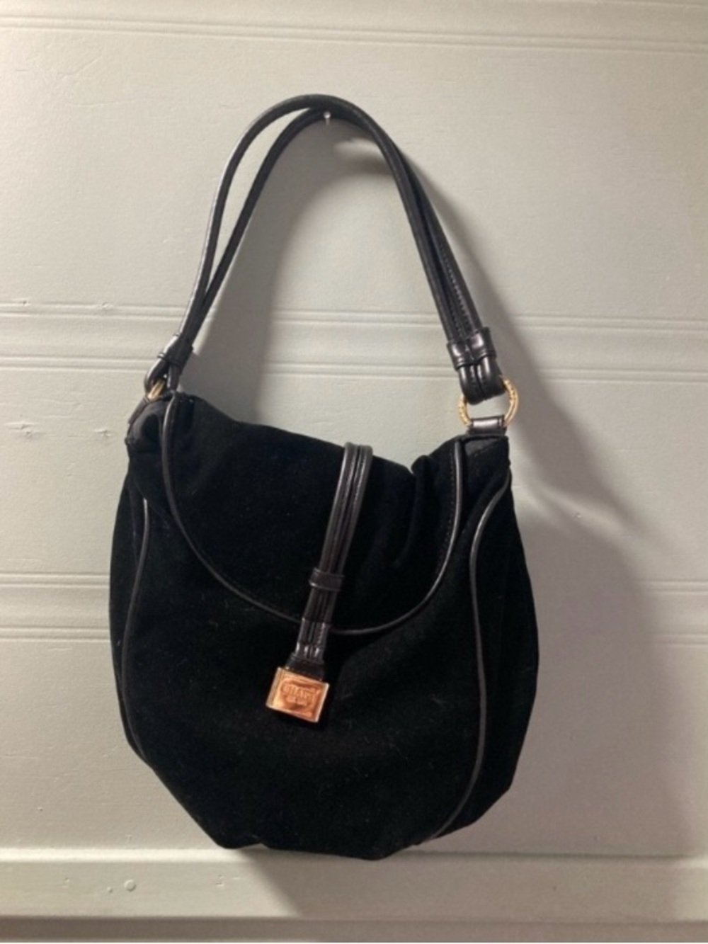 Chaps Black Velvet Bag with Leather Strap and Gold Plaque Elegant Handbag